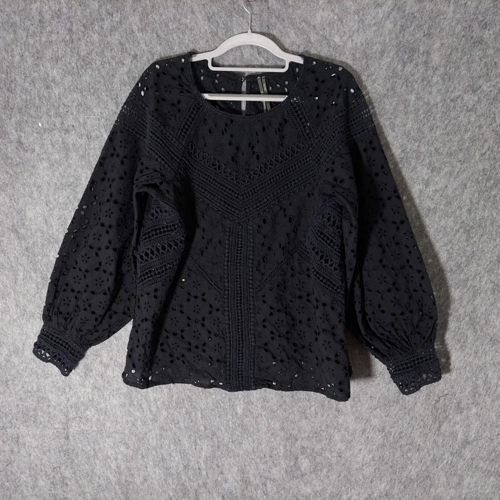 Anthropologie Women Blouse M Black Festival Eyelet Balloon Sleeve Crochet Tunic